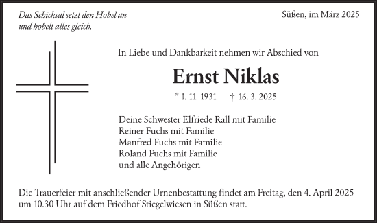 Traueranzeige von Ernst Niklas von NWZ Neue Württembergische Zeitung/Geislinger Zeitung