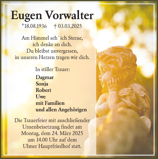Traueranzeige von Eugen Vorwalter von SÜDWEST PRESSE Ausgabe Ulm/Neu-Ulm