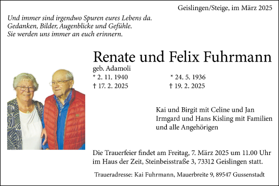 Traueranzeige von Felix Fuhrmann von Geislinger Zeitung