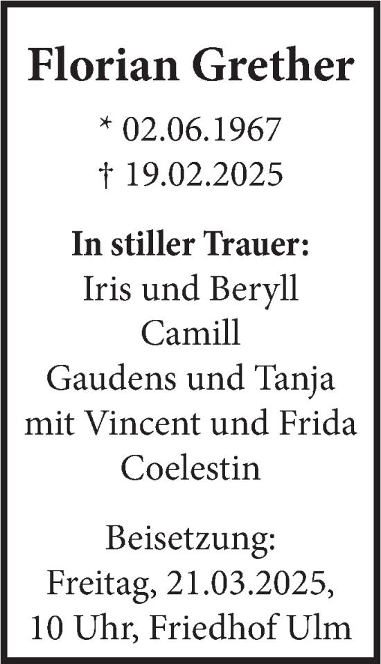 Traueranzeige von Florian Grether von SÜDWEST PRESSE Ausgabe Ulm/Neu-Ulm