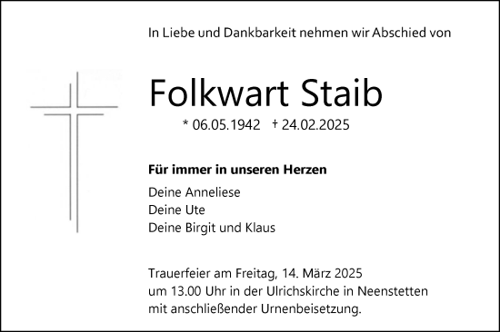 Traueranzeige von Folkwart Staib von SÜDWEST PRESSE Ausgabe Ulm/Neu-Ulm