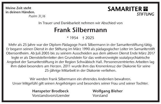 Traueranzeige von Frank Silbermann von Haller Tagblatt