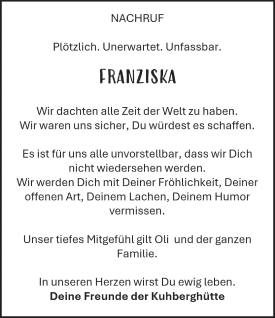Traueranzeige von Franziska  von Ehinger Tagblatt