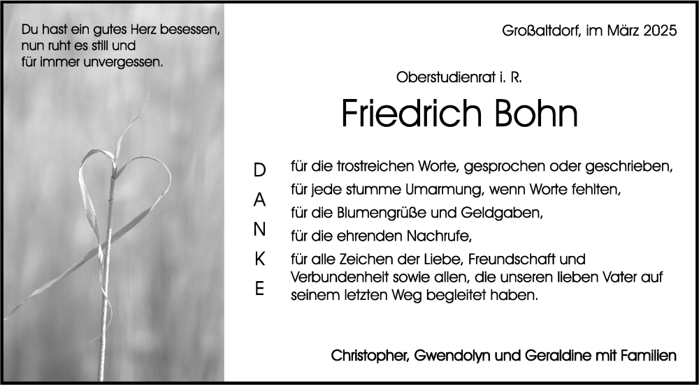  Traueranzeige für Friedrich Bohn vom 29.03.2025 aus Rundschau Gaildorf/Haller Tagblatt