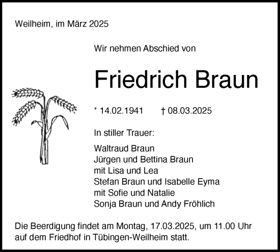 Traueranzeige von Friedrich Braun von Schwäbische Tagblatt
