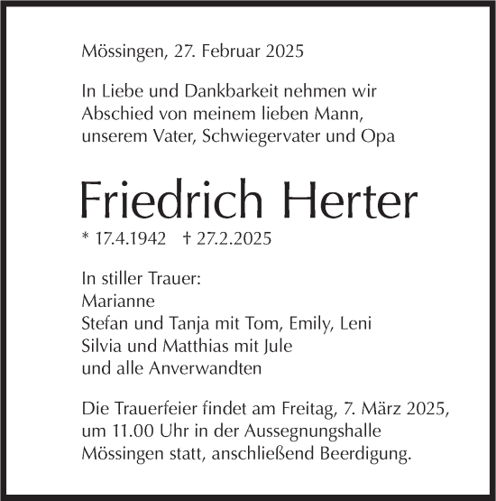 Traueranzeige von Friedrich Herter von Schwäbische Tagblatt