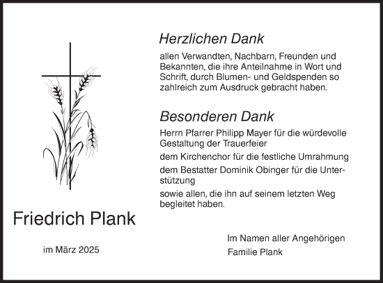 Traueranzeige von Friedrich Plank von Hohenloher Tagblatt
