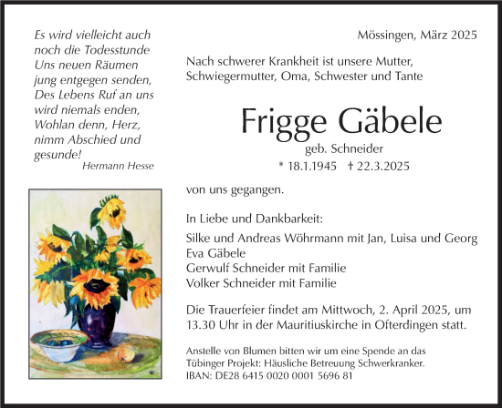 Traueranzeige von Frigge Gäbele von Schwäbische Tagblatt