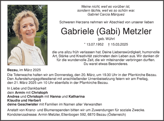 Traueranzeige von Gabriele Metzler von SÜDWEST PRESSE Ausgabe Ulm/Neu-Ulm