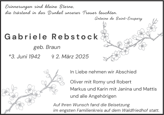 Traueranzeige von Gabriele Rebstock von Haller Tagblatt