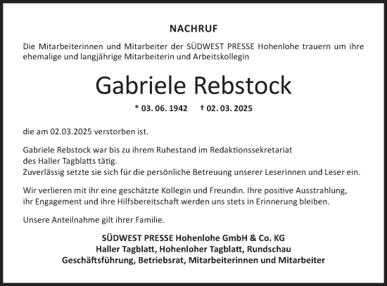Traueranzeige von Gabriele Rebstock von Haller Tagblatt