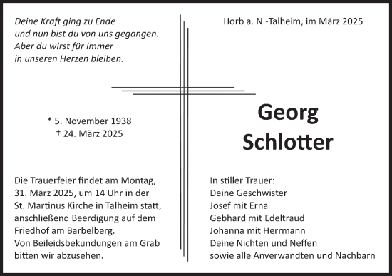 Traueranzeige von Georg Schlotter von Neckar-Chronik