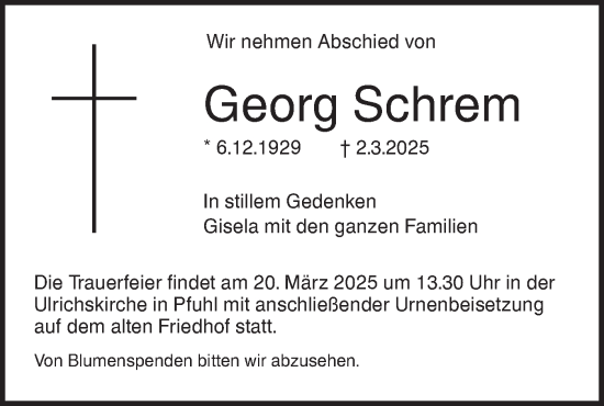Traueranzeige von Georg Schrem von SÜDWEST PRESSE Ausgabe Ulm/Neu-Ulm