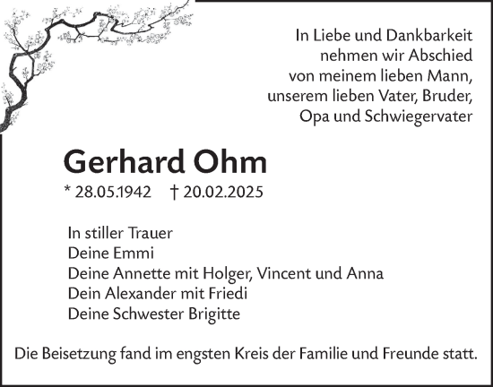 Traueranzeige von Gerhard Ohm von SÜDWEST PRESSE Ausgabe Ulm/Neu-Ulm
