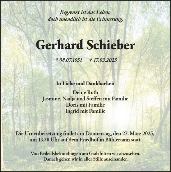 Traueranzeige von Gerhard Schieber von Haller Tagblatt