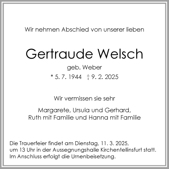 Traueranzeige von Gertraude Welsch von Schwäbische Tagblatt
