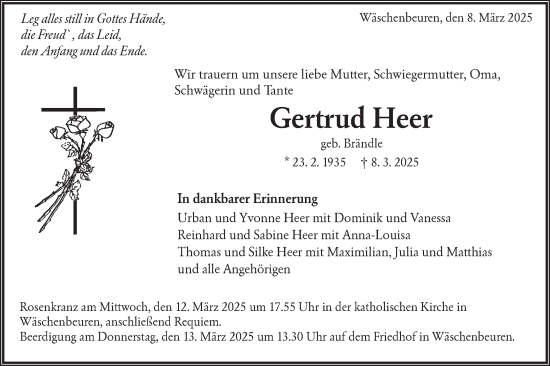 Traueranzeige von Gertrud Heer von NWZ Neue Württembergische Zeitung