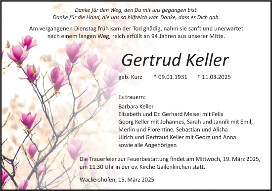 Traueranzeige von Gertrud Keller von Haller Tagblatt