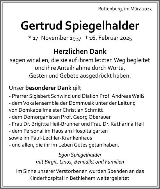 Traueranzeige von Gertrud Spiegelhalder von Schwäbische Tagblatt