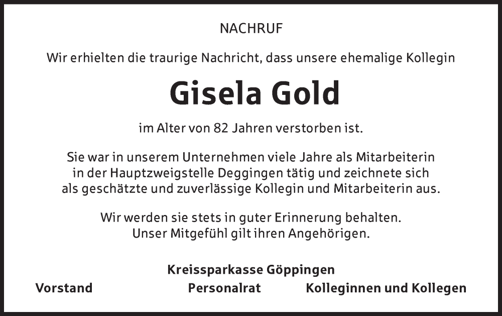  Traueranzeige für Gisela Gold vom 11.03.2025 aus NWZ Neue Württembergische Zeitung/Geislinger Zeitung