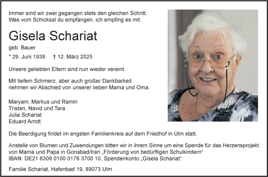 Traueranzeige von Gisela Schariat von SÜDWEST PRESSE Ausgabe Ulm/Neu-Ulm