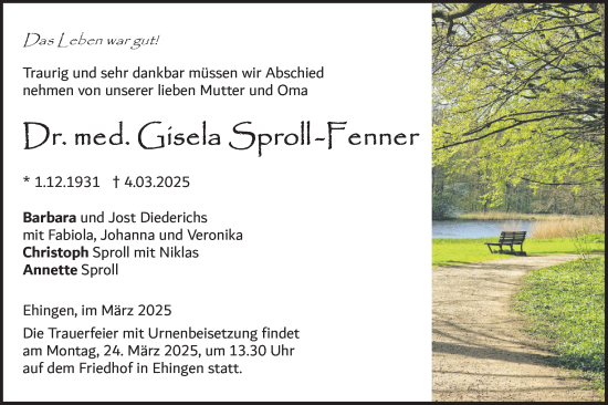 Traueranzeige von Gisela Sproll-Fenner von Ehinger Tagblatt