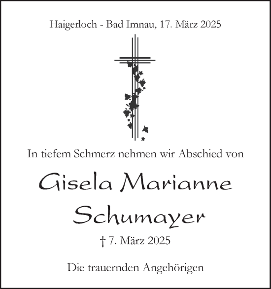 Traueranzeige von Gisela Marianne Schumayer von SÜDWEST PRESSE Zollernalbkreis/Hohenzollerische Zeitung
