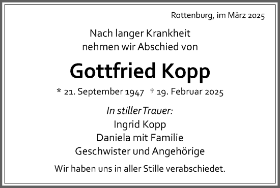 Traueranzeige von Gottfried Kopp von Schwäbische Tagblatt