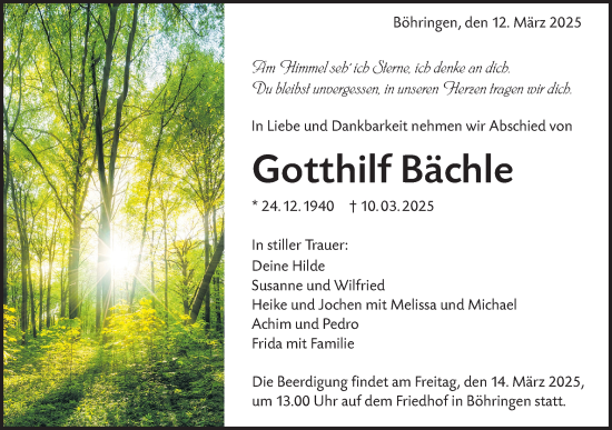 Traueranzeige von Gotthilf Bächle von Alb-Bote/Metzinger-Uracher Volksblatt
