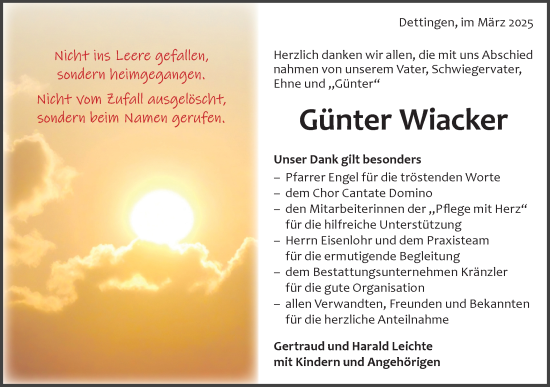Traueranzeige von Günter Wiacker von Alb-Bote/Metzinger-Uracher Volksblatt