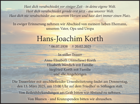 Traueranzeige von Hans-Joachim Korth von SÜDWEST PRESSE Ausgabe Ulm/Neu-Ulm