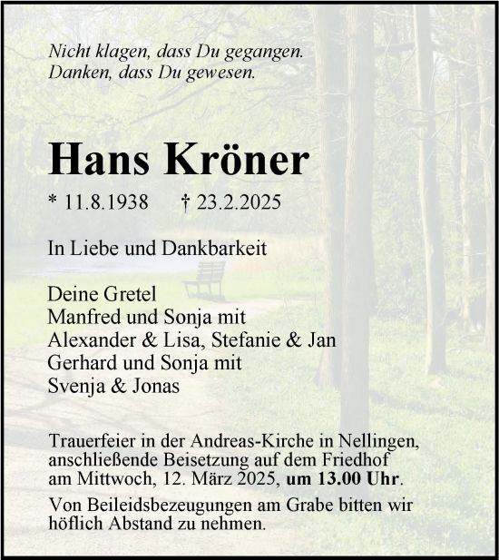 Traueranzeige von Hans Kröner von SÜDWEST PRESSE Ausgabe Ulm/Neu-Ulm