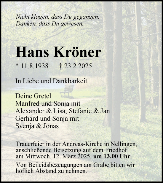 Traueranzeige von Hans Kröner von Geislinger Zeitung