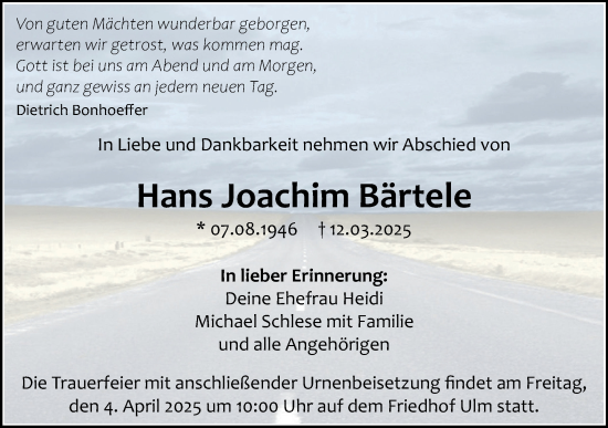 Traueranzeige von Hans Joachim Bärtele von SÜDWEST PRESSE Ausgabe Ulm/Neu-Ulm