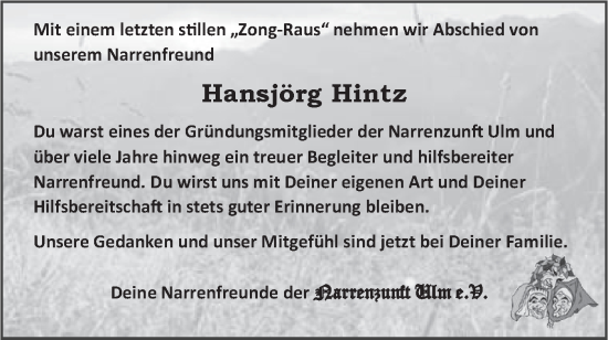 Traueranzeige von Hansjörg Hintz von SÜDWEST PRESSE Ausgabe Ulm/Neu-Ulm