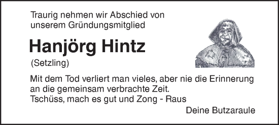 Traueranzeige von Hansjörg Hintz von SÜDWEST PRESSE Ausgabe Ulm/Neu-Ulm