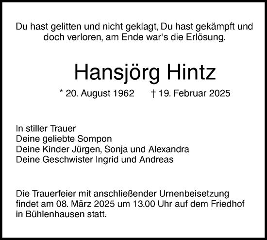 Traueranzeige von Hansjörg Hintz von SÜDWEST PRESSE Ausgabe Ulm/Neu-Ulm