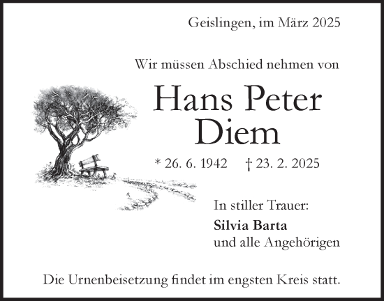 Traueranzeige von Hans Peter Diem von Geislinger Zeitung