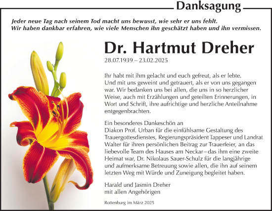 Traueranzeige von Hartmut Dreher von Schwäbische Tagblatt