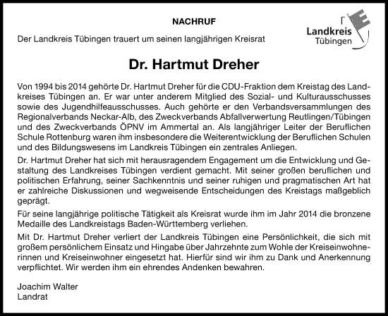 Traueranzeige von Hartmut Dreher von Schwäbische Tagblatt