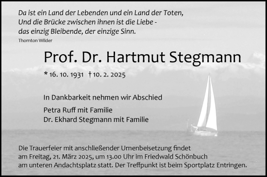 Traueranzeige von Hartmut Stegmann von Schwäbische Tagblatt
