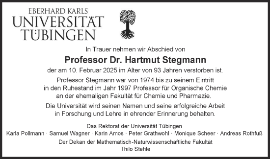 Traueranzeige von Hartmut Stegmann von Schwäbische Tagblatt