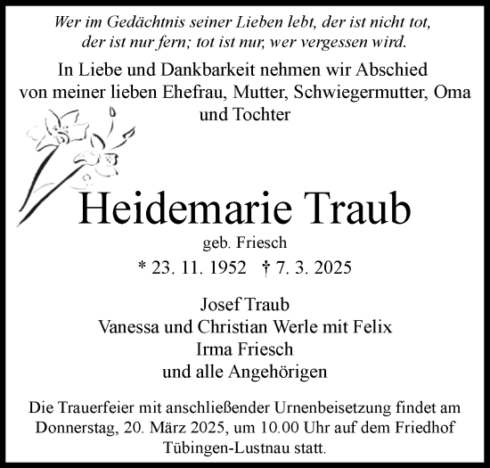Traueranzeige von Heidemarie Traub von Schwäbische Tagblatt