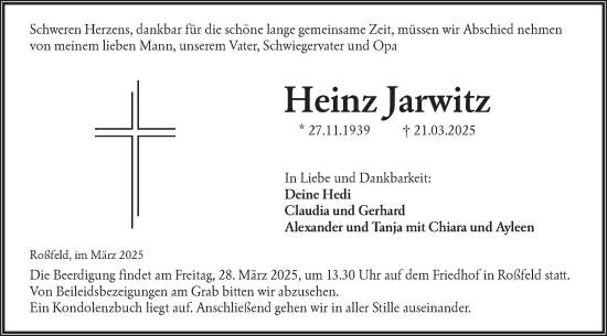 Traueranzeige von Heinz Jarwitz von Hohenloher Tagblatt