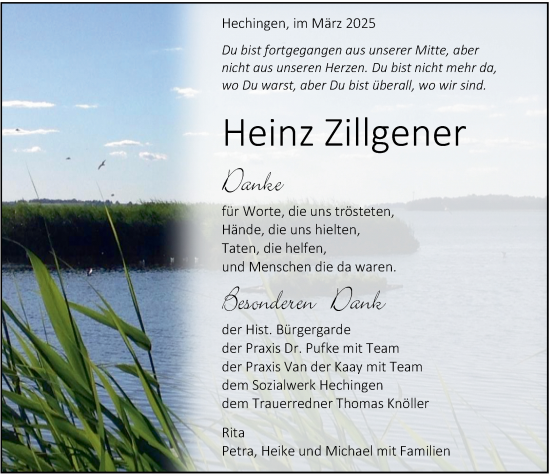 Traueranzeige von Heinz Zillgener von SÜDWEST PRESSE Zollernalbkreis/Hohenzollerische Zeitung