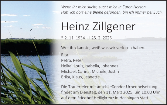Traueranzeige von Heinz Zillgener von SÜDWEST PRESSE Zollernalbkreis/Hohenzollerische Zeitung