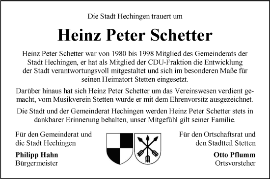 Traueranzeige von Heinz Peter Schetter von SÜDWEST PRESSE Zollernalbkreis/Hohenzollerische Zeitung