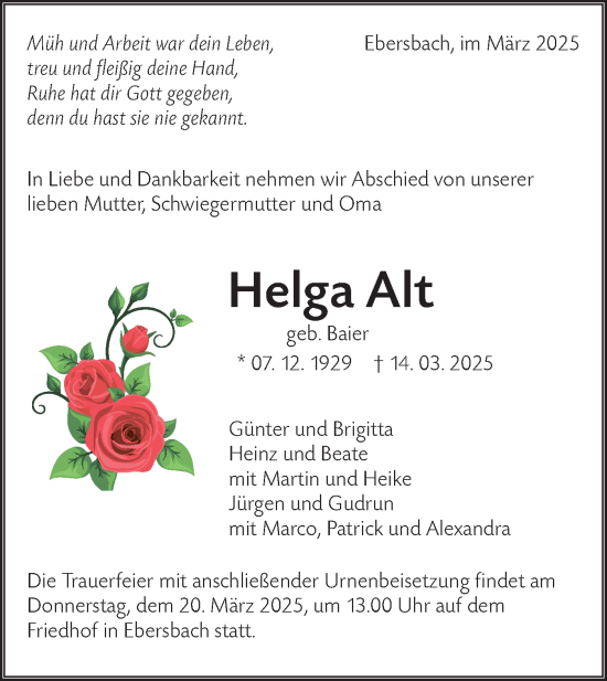 Traueranzeige von Helga Alt von NWZ Neue Württembergische Zeitung