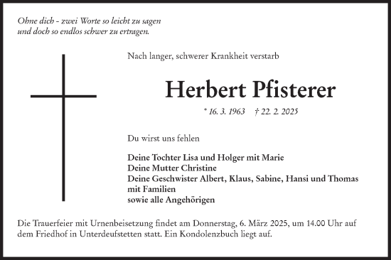 Traueranzeige von Herbert Pfisterer von Hohenloher Tagblatt