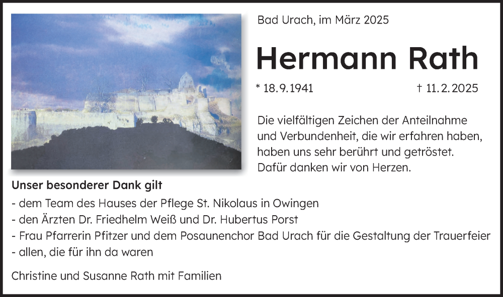  Traueranzeige für Hermann Rath vom 08.03.2025 aus Alb-Bote/Metzinger-Uracher Volksblatt